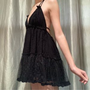 Dainty Black Babydoll Mini Backless/Halter Dress w Mesh Polka Dots